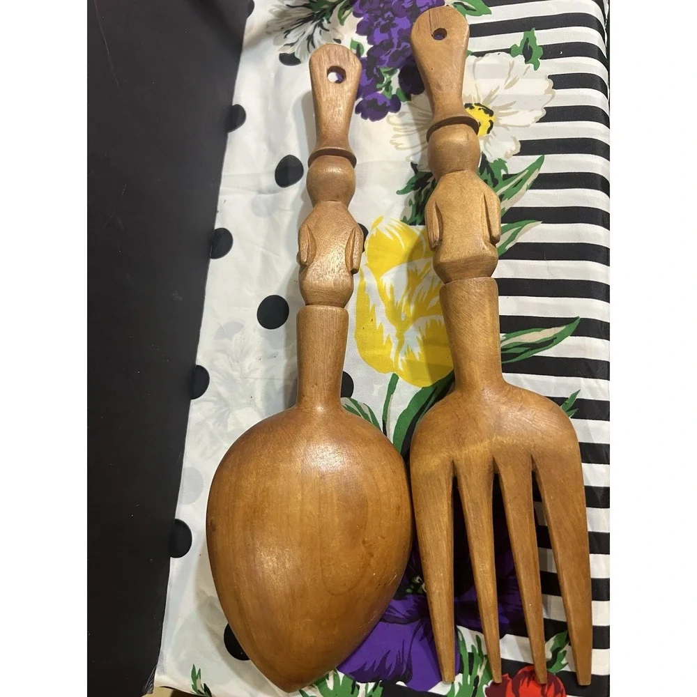Wood Salad Fork & Spoon Mid Century Tribal Hand‎ Carved Decor 12